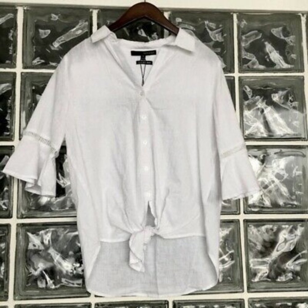 Harvé Benard Women's white linen Shirt Blouse size M Tie Front Linen Top Shirt